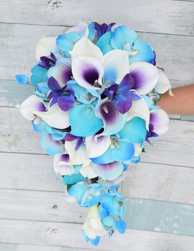 Wedding - Silk Wedding Bouquet, Purple Blue Bouquet, Real Touch Bouquet, Turquoise Purple, Silk Bouquet, Teal Bouquet, Cascade, Tear Drop Bouquet