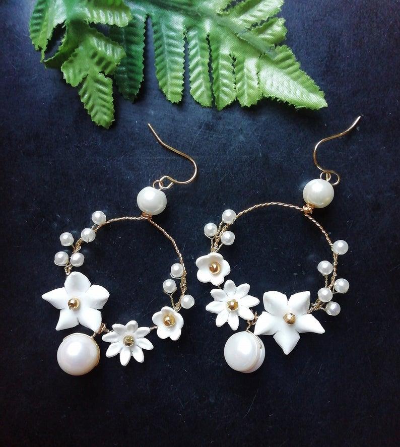 زفاف - Extra large flower bridal earrings with pearls, PFP-0055