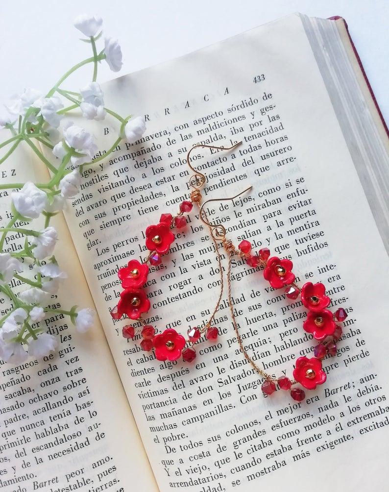 زفاف - Red statement earrings with porcelain flower and crystals, PFP-004
