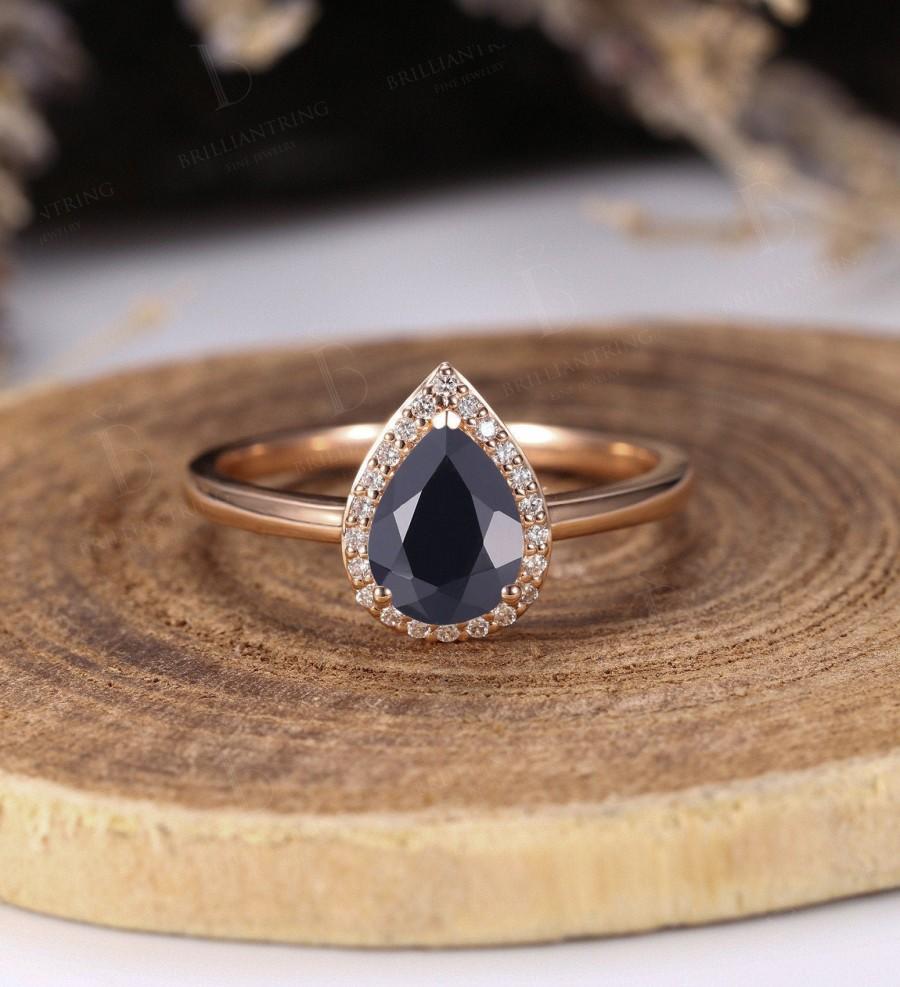 Свадьба - Black Onyx engagement ring women Rose gold pear cut vintage moissanite unique women Bridal Jewelry birthstone Anniversary gift for her