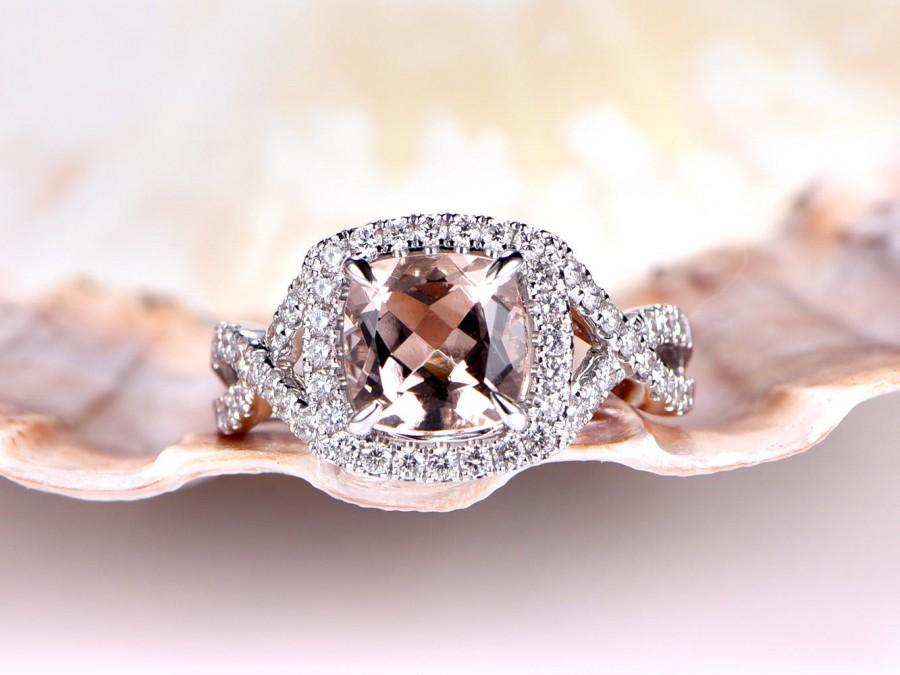 Hochzeit - Morganite Ring Pink Morganite Engagement Ring 8x8mm Cushion Cut Natural Gemstone Diamond Wedding Band Diamond Ring Solid 14k Rose Gold