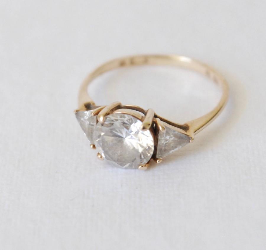 Wedding - Vintage Wedding Ring - Rosy 10K Yellow Gold 3 Stone Ring - Engagement Ring - Size 8 - Bride - Statement Ring