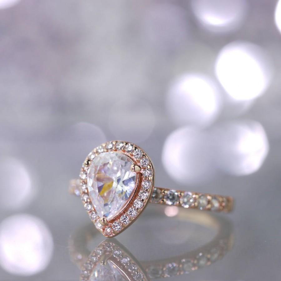 Wedding - Rose Gold Pear Cut Engagement Ring, Sterling Silver, Simulated Diamonds, Statement Ring, Bridal, Promise Ring, Solitaire, Vintage Design 925