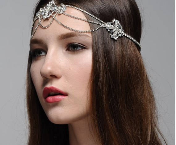 Hochzeit - Sally A Boho Bohemian Goddess Vintage Jeweled Gatsby wedding Headband Head Piece Forehead Headdress