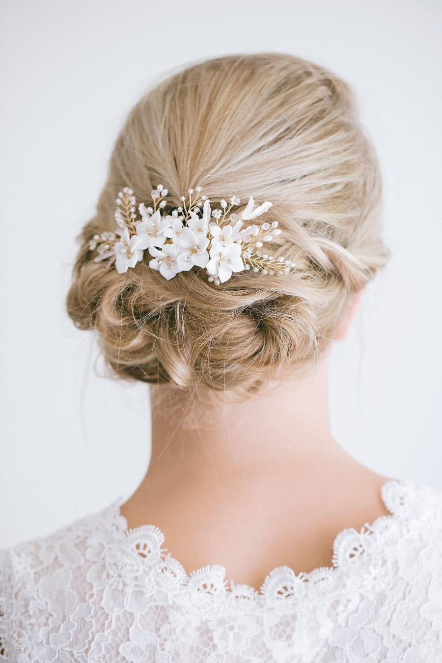 زفاف - Bridal Floral Hair Comb, Ivory Flower Hair Comb, Bridal Hair Flower, Flower Hair Vine, White Flower Comb, Gold Flower Hair Comb