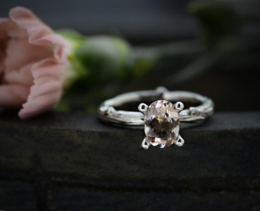 Wedding - Morganite Twig Engagement Ring - Solitaire Engagement Ring - 9K / 14K/ 18K White Gold - Made to Order