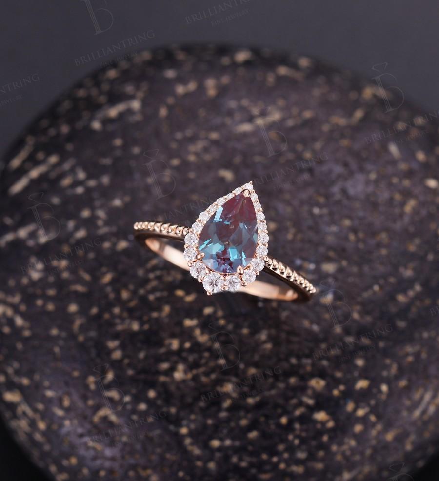 Mariage - Vintage Alexandrite engagement ring Pear shaped Rose gold ring milgrain art deco halo moissanite ring unique art deco anniversary ring