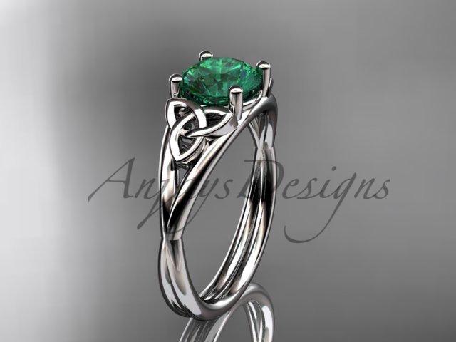 Hochzeit - Emerald Engagement Ring Celtic Engagement 14K White Gold Ring Round 1 Carat Emerald Ring