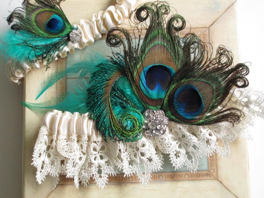 Mariage - PEACOCK Wedding Garter Set, Teal Garters, Seafoam Green Garter, Ivory Lace Bridal Garters, Venice Lace Garter, Fairy Fantasy Wedding