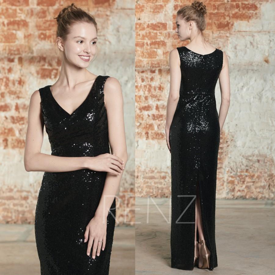 Mariage - Sequin Dress Black Bridesmaid Dress Wedding Dress Ruched V Neck Maxi Dress Sleeveless Fitted Party Dress Evening Dress with Split(LQ506)