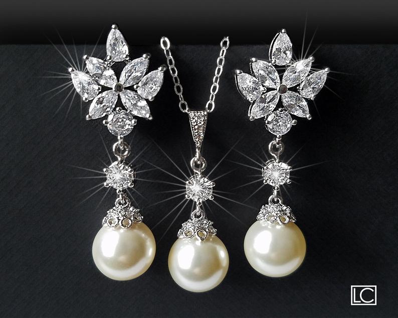 زفاف - Pearl Bridal Jewelry Set, Wedding Ivory Pearl Earrings&Necklace Set, Swarovski Pearl Silver Set, Bridal Pearl Jewelry, Wedding Pearl Jewelry