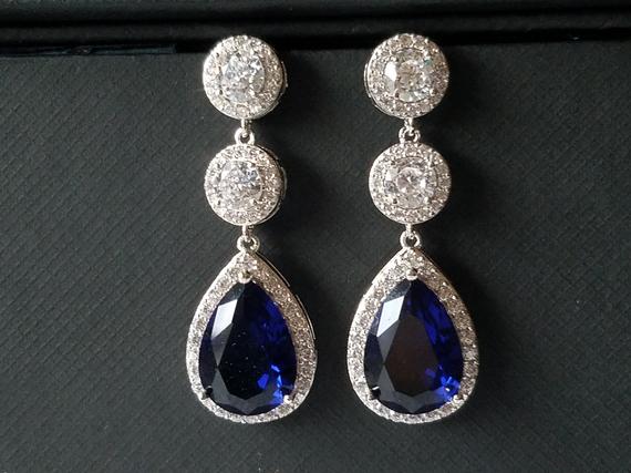 Wedding - Navy Blue Crystal Earrings, Blue Chandelier Bridal Earrings, Sapphire Blue Teardrop Earrings Wedding Jewelry Bridal Jewelry Sparkly Earrings