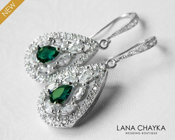 Mariage - Crystal Bridal Earrings, Cubic Zirconia Wedding Earrings, Teardrop Sparkly Earrings, Clear Emerald CZ Chandelier Earrings, Bridal Jewelry