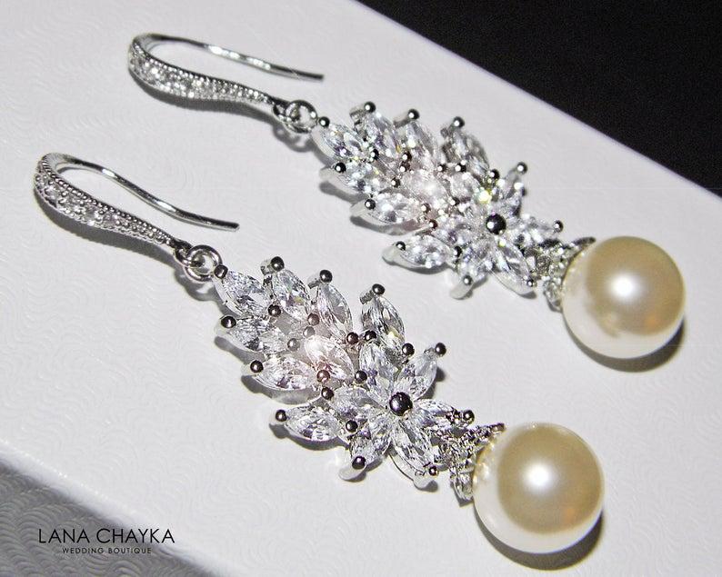 Hochzeit - Bridal Pearl Chandelier Earrings, Cluster Crystal Wedding Earrings, Swarovski Ivory Pearl Silver Earrings, Bridal Jewelry, Statement Earring