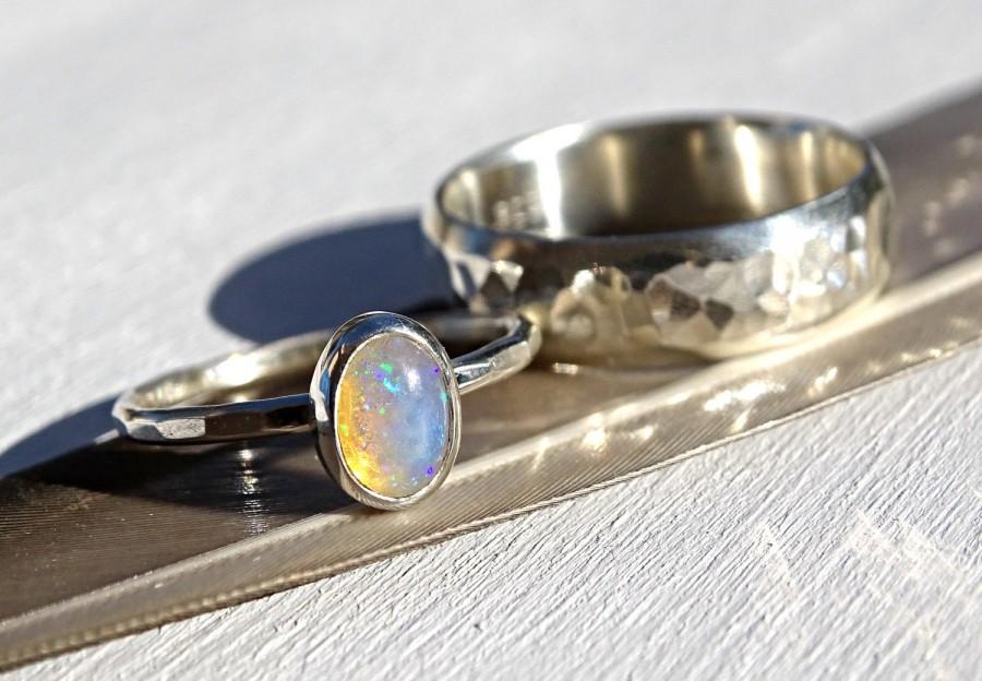 Hochzeit - silver opal ring set, opal bridal ring set, opal engagement ring, opal wedding band silver, welo opal ring set, opal wedding ring set