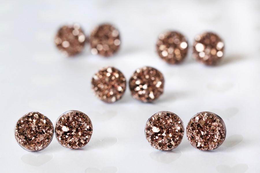 Hochzeit - Rose Gold Studs, Bridesmaid Earrings, Rose Gold Druzy, Bridesmaid Jewelry, Druzy Earrings, Wedding Party Gifts, Unique Gift, Druzy Studs
