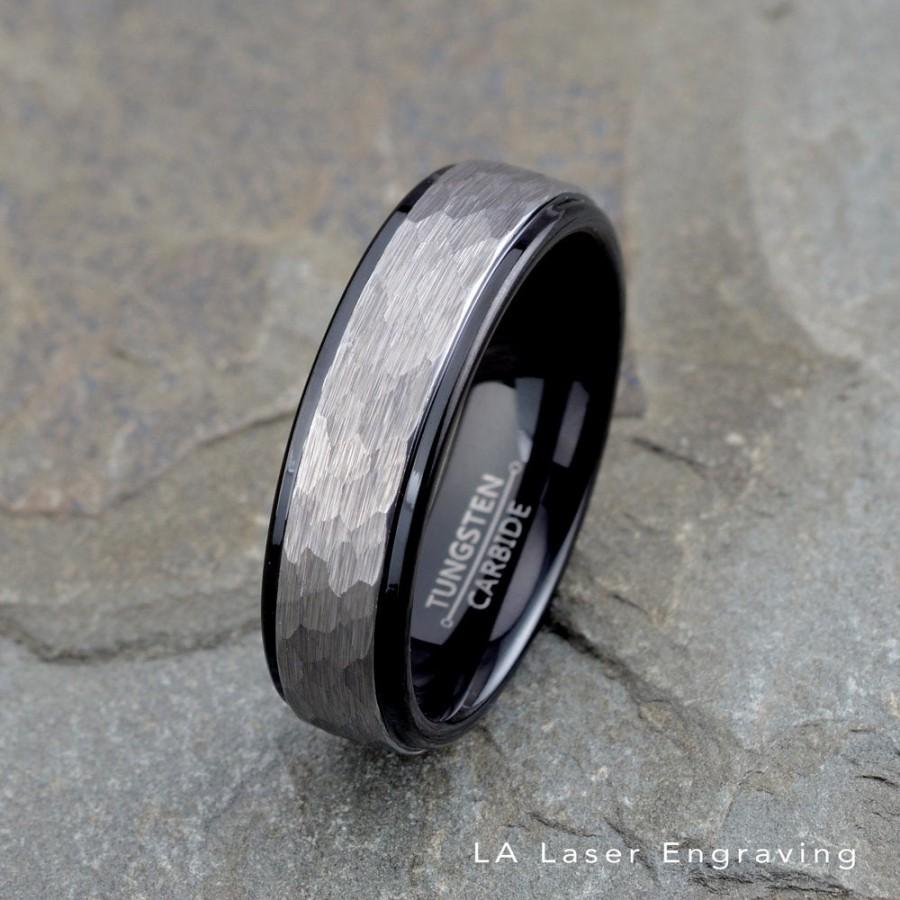 زفاف - Two Tungsten Ring Mens Wedding Band Brushed  Hammered 6mm Mens & Women's Tungsten Wedding Ring Free Custom Laser Engraving Black Gray Ring