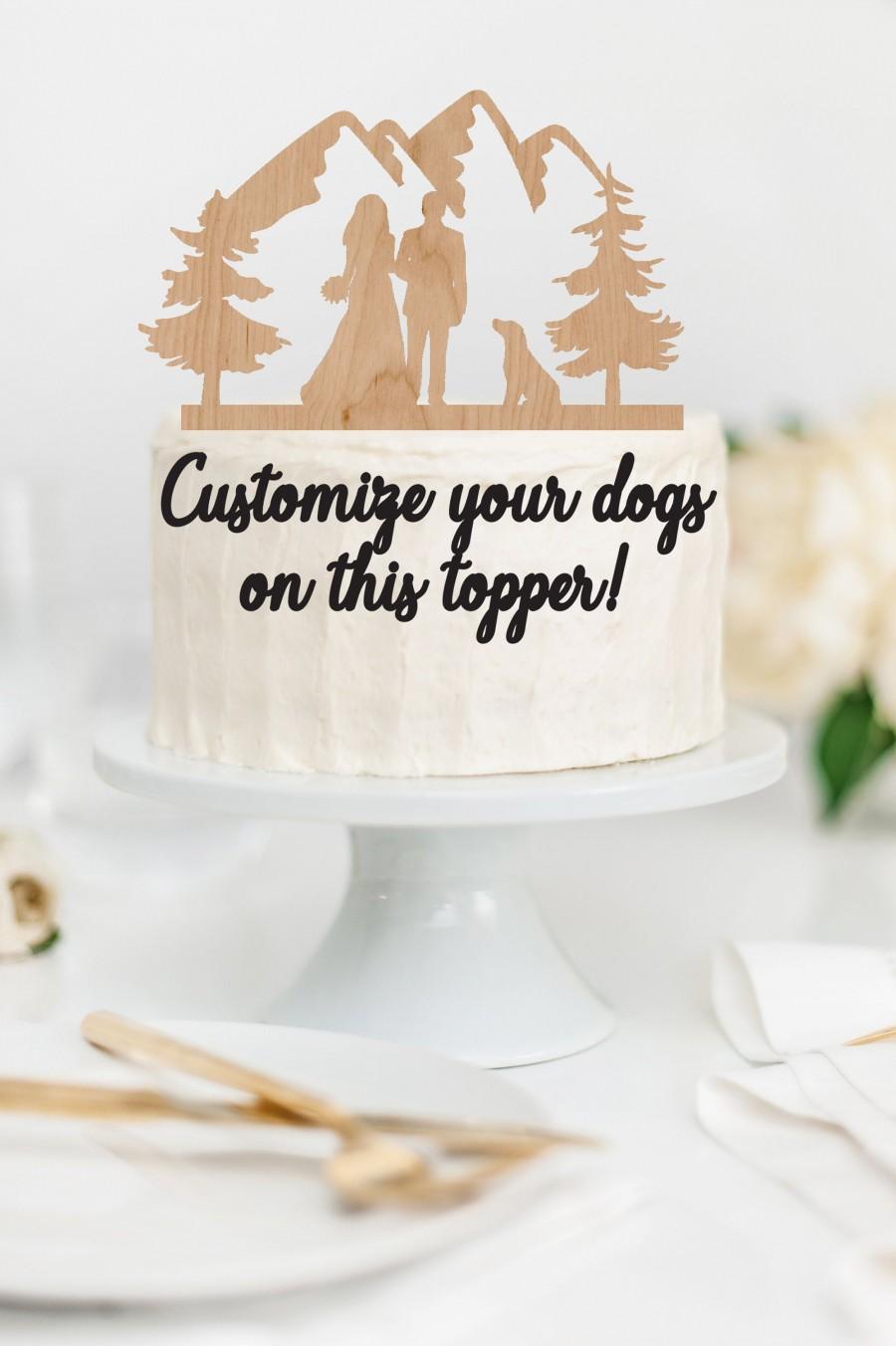 Hochzeit - BRIDE GROOM Couple with DOG or Dogs Wood Mountain Wedding Cake Topper / Mountain outdoor bride groom cake topper / Wedding cake topper