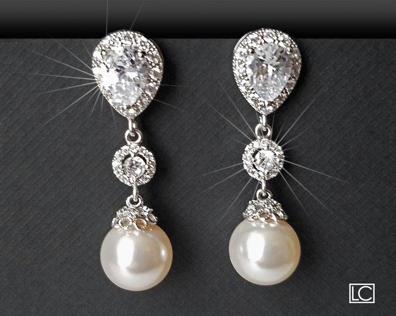Wedding - Pearl Bridal Earrings, White Pearl Silver Earrings, Swarovski Pearl Dangle Earrings, Chandelier Pearl Bridal Earrings, Wedding Pearl Jewelry