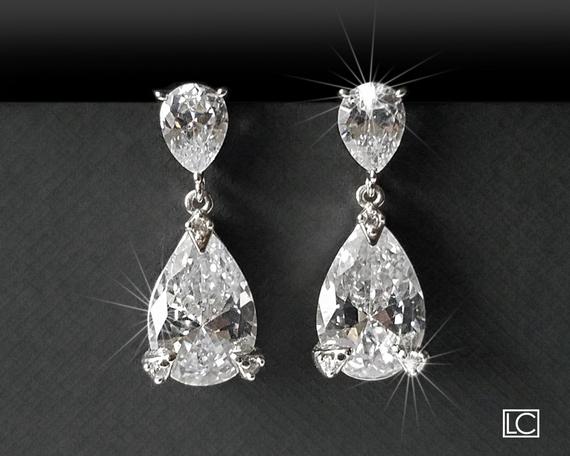 Wedding - Crystal Bridal Earrings, Teardrop Crystal Silver Earrings, Wedding Jewelry, Cubic Zirconia Bridal Earrings, Wedding Jewelry, Crystal Jewelry