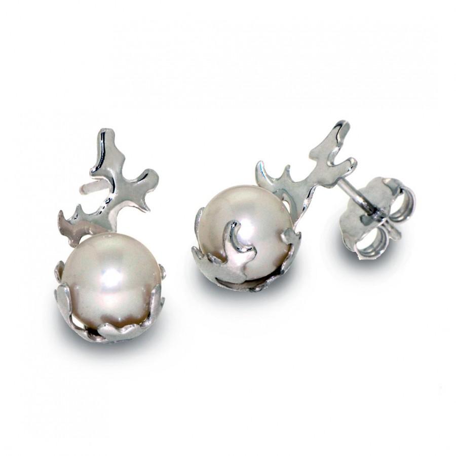 Mariage - CORAL 14k White Gold Pearl Earrings, White Gold Stud Earrings, Pearl stud earrings, Bridal Pearl Earrings, Italian Fine Jewelry