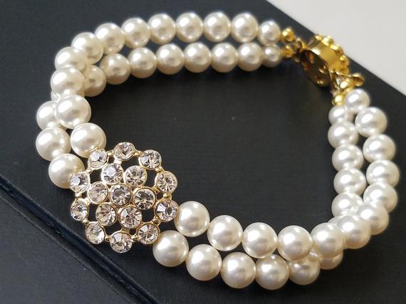 Wedding - White Pearl Bridal Bracelet, Pearl Cuff Bracelet, Swarovski Pearl Gold Bracelet, Wedding Pearl Bracelet, Bridal Jewelry, Pearl Gold Bracelet