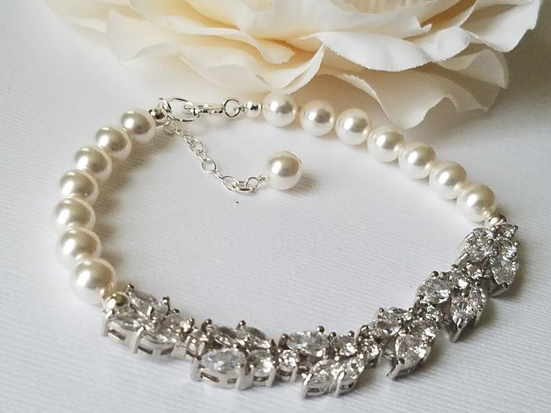 Wedding - Pearl Bridal Bracelet, Wedding Bracelet, Swarovski White Pearl Silver Bracelet, Wedding Jewelry, Bridal Pearl Jewelry Pearl Crystal Bracelet