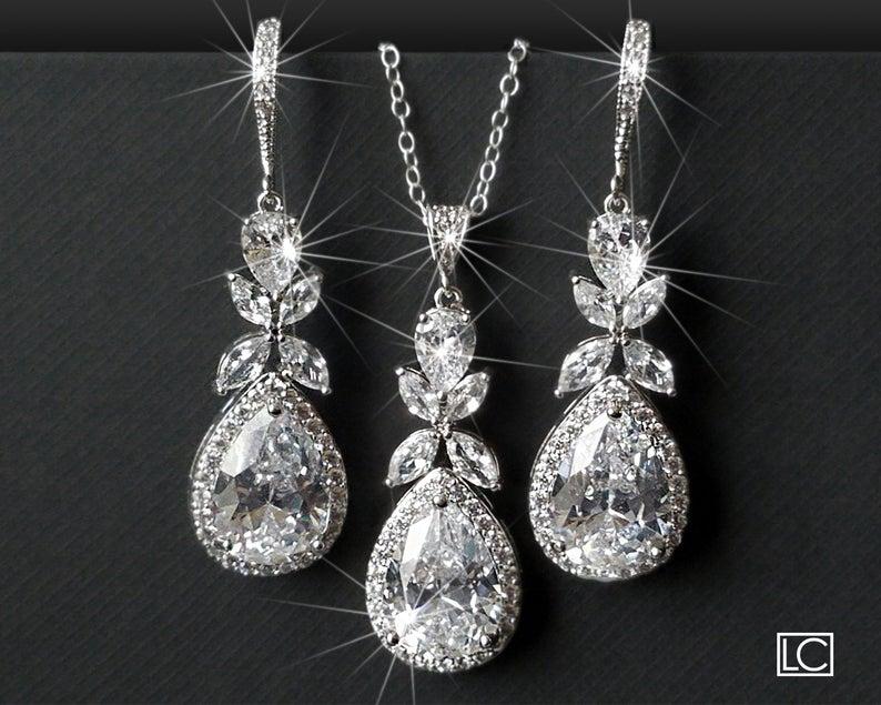 Wedding - Crystal Bridal Jewelry Set, Cubic Zirconia Earrings&Necklace Set, Wedding Jewelry Set, Teardrop Crystal Set, Chandelier Earrings Pendant Set
