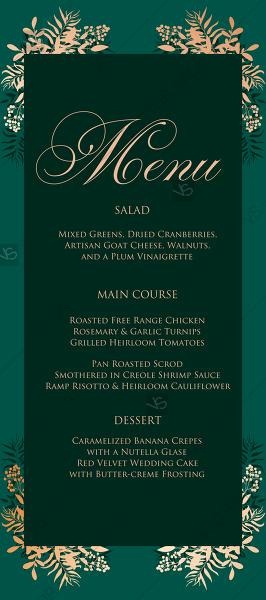 Mariage - Greenery herbal gold foliage emerald green wedding invitation set menu card template PDF 4x9 in online maker