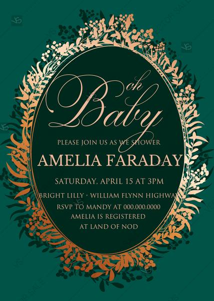 Mariage - Greenery herbal gold foliage emerald green wedding invitation set baby shower card template PDF 5x7 in personalized invitation
