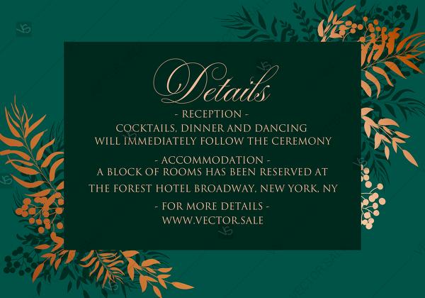 Wedding - Greenery herbal gold foliage emerald green wedding invitation set details card template PDF 5x3.5 in customize online