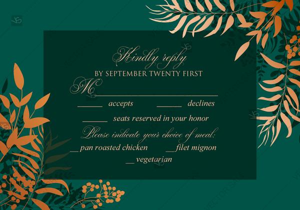 Wedding - Greenery herbal gold foliage emerald green wedding invitation set rsvp card template PDF 5x3.5 in editor