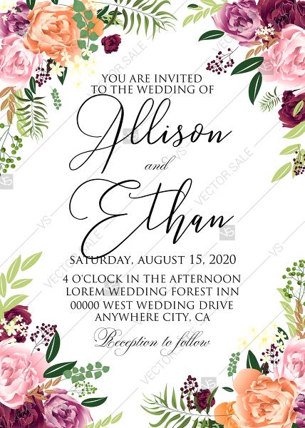 Hochzeit - Watercolor pink marsala peony wedding invitation set PDF 5x7 in