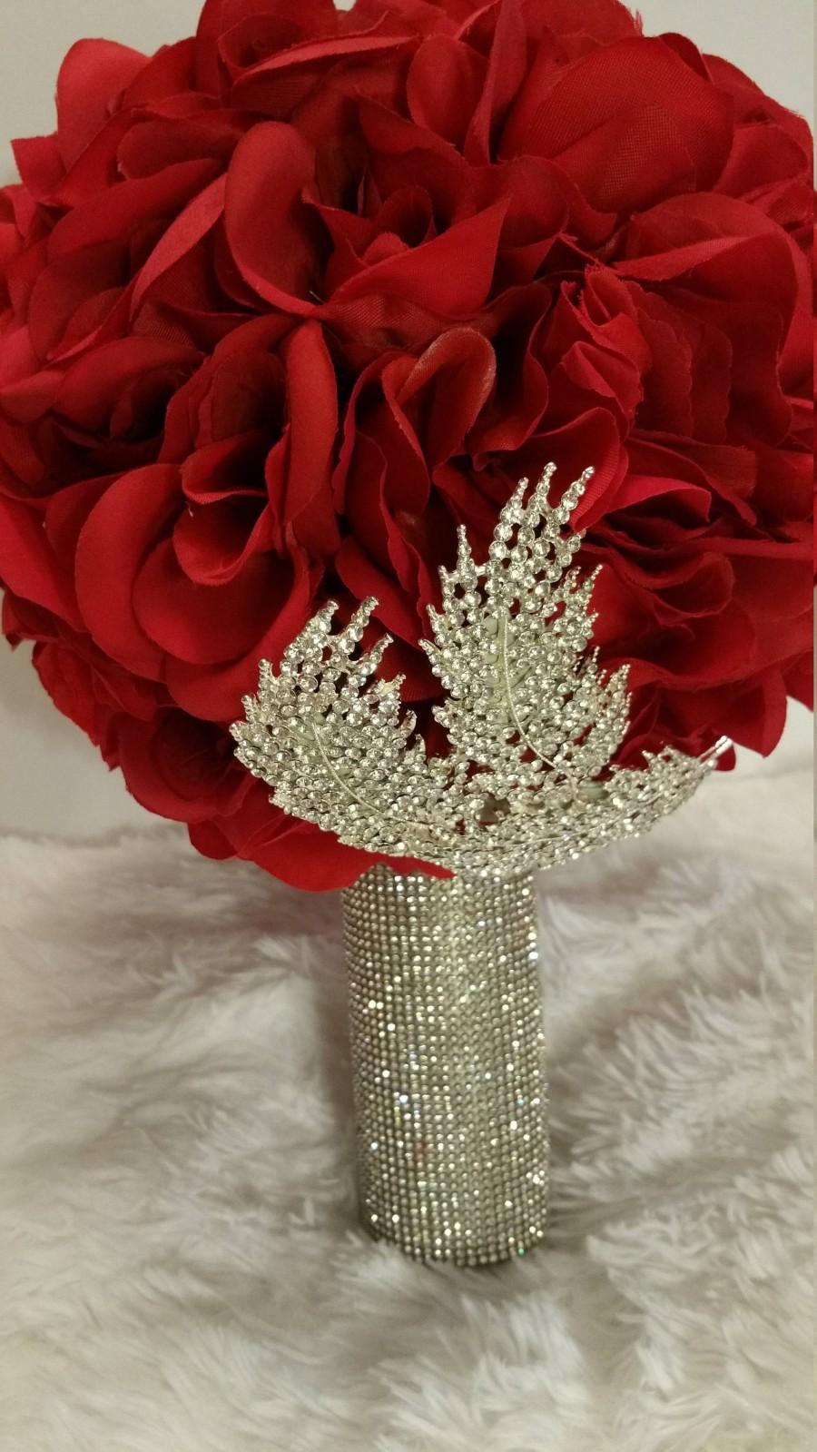 Wedding - Red Silk Roses Full Rhinestone Handle Brooch Bouquet
