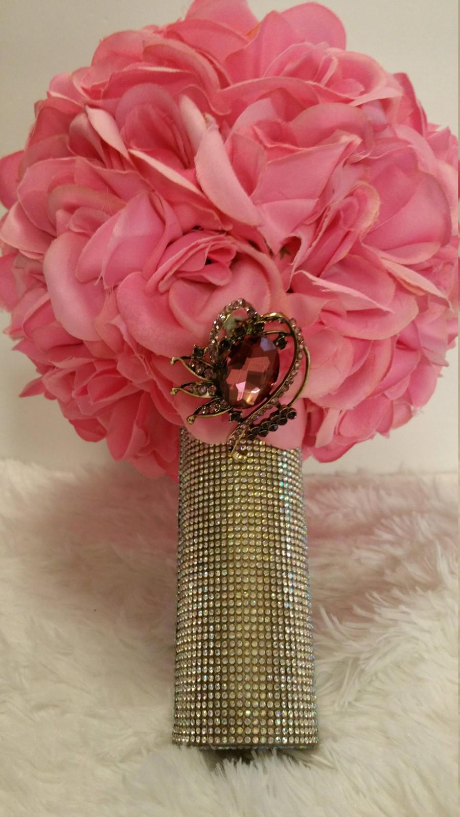 Wedding - Pink Silk Roses Full Rhinestone Handle Brooch Bouquet