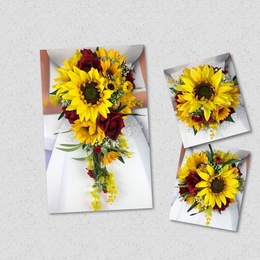Wedding - Artificial Sunflower Bridal Bouquet, Red Sunflower Bridal Flowers, Red Sunflower Wedding Flowers