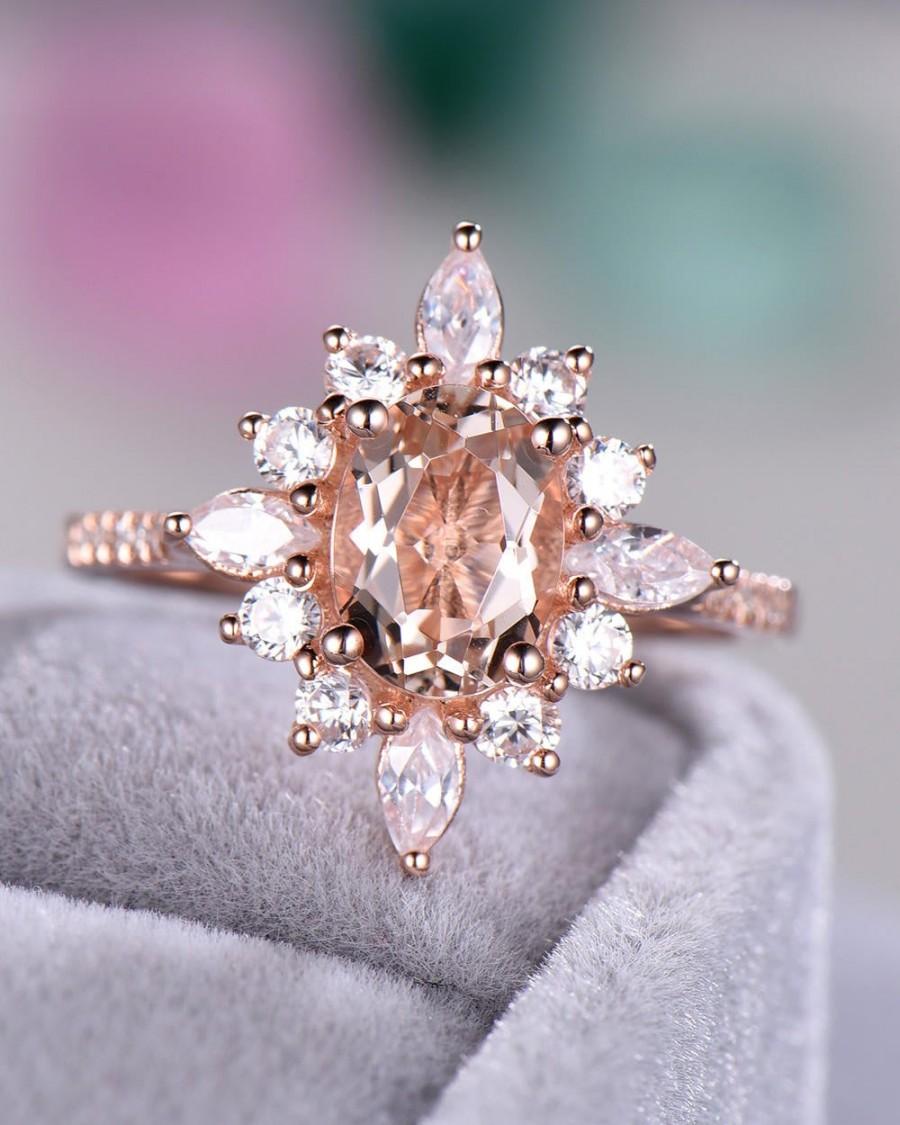 Свадьба - Morganite Engagement Ring Rose Gold CZ Diamond Halo 925 Sterling Silver Antique Vintage Wedding Ring 14k 18k Bridal Anniversary Promise Set