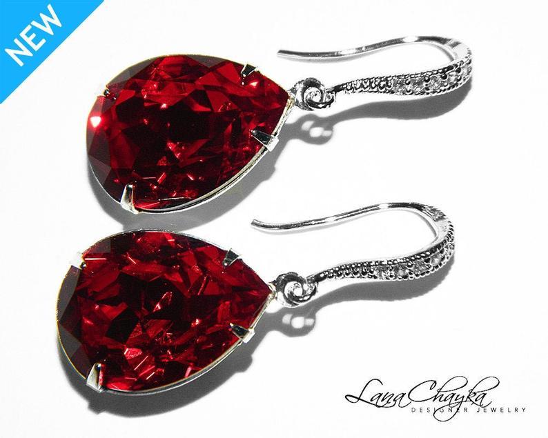 Hochzeit - Dark Red Crystal Earrings, Swarovski Siam Red Rhinestone Earrings, Red Teardrop Earrings, Wedding Red Earrings, Bridal Jewelry, Bridesmaids