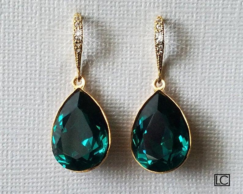 Wedding - Emerald Gold Crystal Earrings, Swarovski Emerald Teardrop Earrings, Wedding Jewelry, Bridal Jewelry, Green Dangle Earrings Bridal Party Gift