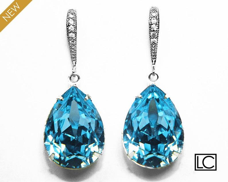 Mariage - Aquamarine Blue Swarovski Earrings, Aquamarine Silver Crystal Earrings, Aqua Blue Silver Daringly Earrings, Bridal Jewelry, Wedding Earrings