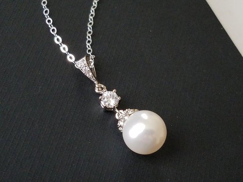 زفاف - Pearl Bridal Necklace, White Pearl Drop Necklace, Swarovski 10mm Pearl Silver Necklace, Bridal Jewelry, Bridal Party Gift, Pearl Pendant