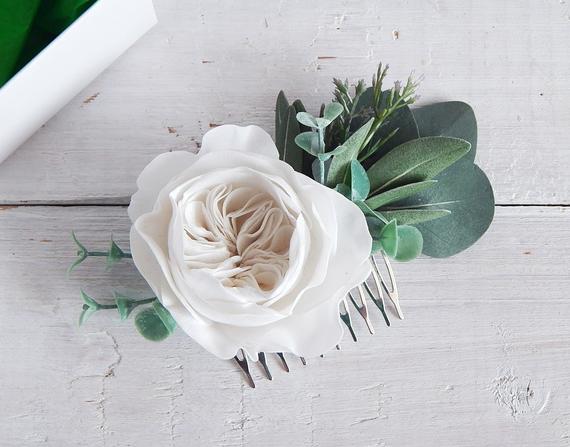 Wedding - White and green floral hair comb Eucalyptus wedding hair piece Bridal hairpiece Greenery headpiece White rose hair comb