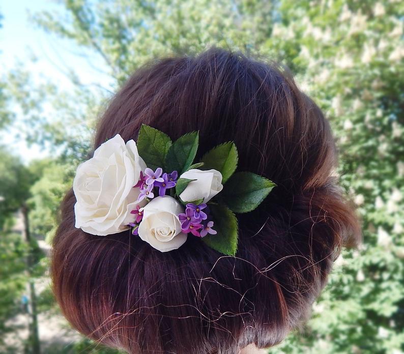 Hochzeit - Ivory rose flower hair comb Lilac floral hair clip Wedding barrette Bridal hair piece Floral headpiece