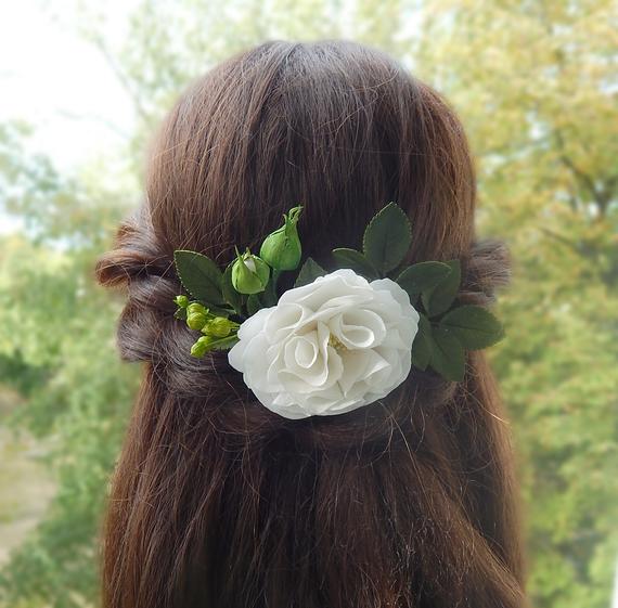 Wedding - White and green floral hair comb with wild rose Greenery headpiece Bridal flower head piece