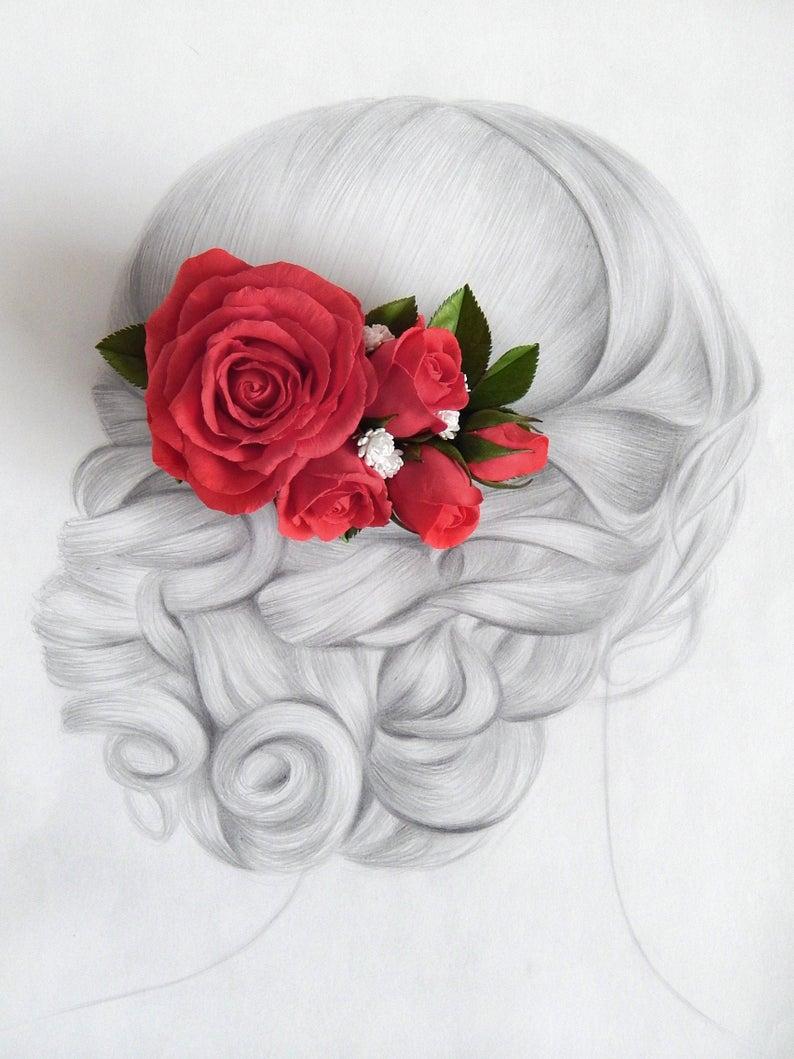 Hochzeit - Red rose hairpiece Flower hair clip Floral headpiece bride Wedding hair piece Bridal hair comb Barrette for women
