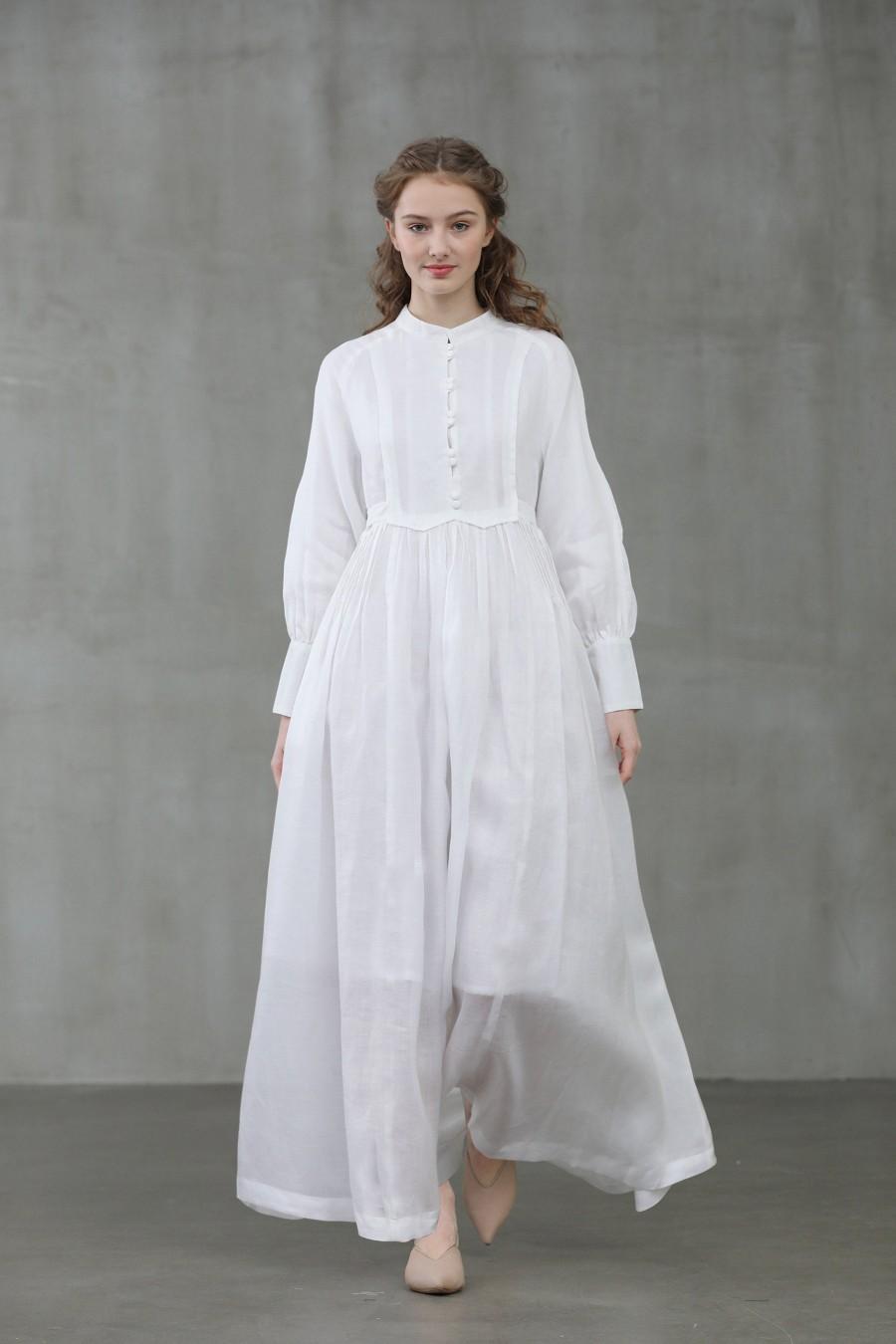 زفاف - white linen dress, maxi linen dress, puff sleeve pleated dress, longsleeved dress, wedding dress, French dress 
