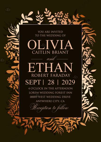 Hochzeit - Greenery gold foil pressed wedding invitation set dark olive PDF 5x7 in invitation editor