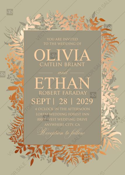 Hochzeit - Greenery gold foil pressed wedding invitation set olive PDF 5x7 in