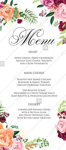 Hochzeit - Watercolor pink marsala peony wedding invitation set menu design PDF 4x9 in customizable template