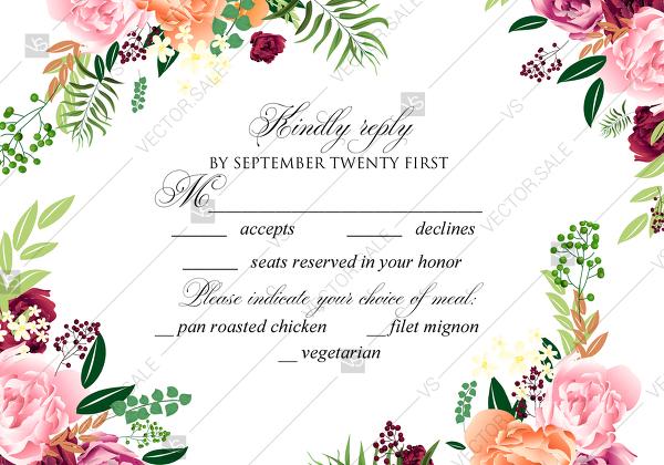 Свадьба - Watercolor pink marsala peony rsvp card wedding invitation set PDF 5x3.5 in invitation maker